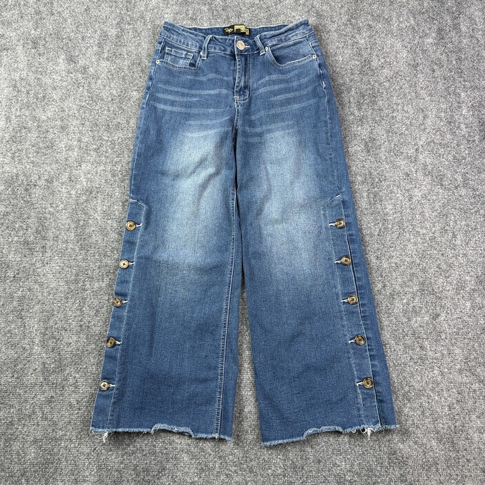 Suzanne Betro Womens Wide Leg Jeans Size 6 Capri Side Button Embroidered Y2K